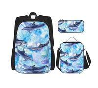 YsoLda Set zaino, borsa per la scuola, zaino, set da 3 pezzi, con borsa per il pranzo, astuccio,Dipingere il delfino