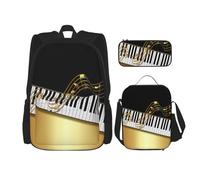 YsoLda Set zaino, borsa per la scuola, zaino, set da 3 pezzi, con borsa per il pranzo, astuccio,Elegante tasto di pianoforte con note dorate nero