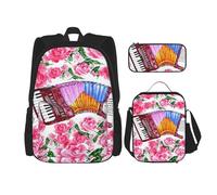 YsoLda Set zaino, borsa per la scuola, zaino, set da 3 pezzi, con borsa per il pranzo, astuccio,Fiore di fisarmonica dell'acquerello rosa