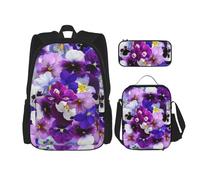 YsoLda Set zaino, borsa per la scuola, zaino, set da 3 pezzi, con borsa per il pranzo, astuccio,Fiore viola