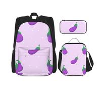 YsoLda Set zaino, borsa per la scuola, zaino, set da 3 pezzi, con borsa per il pranzo, astuccio,Frutta Verdura Melanzane