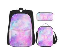 YsoLda Set zaino, borsa per la scuola, zaino, set da 3 pezzi, con borsa per il pranzo, astuccio,Galaxy marmorizzato rosa viola