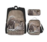 YsoLda Set zaino, borsa per la scuola, zaino, set da 3 pezzi, con borsa per il pranzo, astuccio,Ghepardo