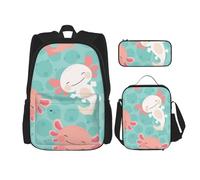 YsoLda Set zaino, borsa per la scuola, zaino, set da 3 pezzi, con borsa per il pranzo, astuccio,Kawaii Baby carino Axolotl