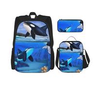 YsoLda Set zaino, borsa per la scuola, zaino, set da 3 pezzi, con borsa per il pranzo, astuccio,La Famiglia Orca