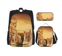 YsoLda Set zaino, borsa per la scuola, zaino, set da 3 pezzi, con borsa per il pranzo, astuccio,Leone africano animale