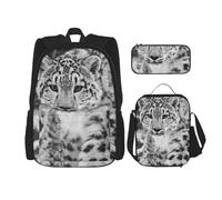 YsoLda Set zaino, borsa per la scuola, zaino, set da 3 pezzi, con borsa per il pranzo, astuccio,Leopardo delle nevi