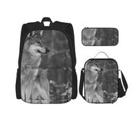 YsoLda Set zaino, borsa per la scuola, zaino, set da 3 pezzi, con borsa per il pranzo, astuccio,Lupo selvaggio stampato