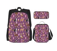 YsoLda Set zaino, borsa per la scuola, zaino, set da 3 pezzi, con borsa per il pranzo, astuccio,Melanzane di razza canina estiva con gelato alla chihuahua