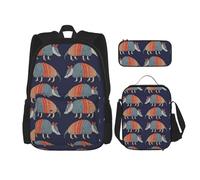 YsoLda Set zaino, borsa per la scuola, zaino, set da 3 pezzi, con borsa per il pranzo, astuccio,Modello armadillo
