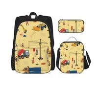 YsoLda Set zaino, borsa per la scuola, zaino, set da 3 pezzi, con borsa per il pranzo, astuccio,Modello di camion da costruzione
