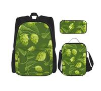YsoLda Set zaino, borsa per la scuola, zaino, set da 3 pezzi, con borsa per il pranzo, astuccio,Modello Di Luppolo E Foglie Verdi