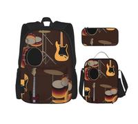 YsoLda Set zaino, borsa per la scuola, zaino, set da 3 pezzi, con borsa per il pranzo, astuccio,Modello Rock Di Tamburi Retro