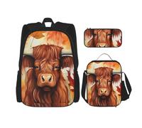 YsoLda Set zaino, borsa per la scuola, zaino, set da 3 pezzi, con borsa per il pranzo, astuccio,Mucca dell'altopiano della foglia di acero