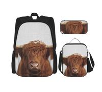 YsoLda Set zaino, borsa per la scuola, zaino, set da 3 pezzi, con borsa per il pranzo, astuccio,Mucca dell'altopiano colorata