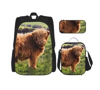 YsoLda Set zaino, borsa per la scuola, zaino, set da 3 pezzi, con borsa per il pranzo, astuccio,Mucca divertente dell'altopiano
