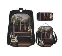 YsoLda Set zaino, borsa per la scuola, zaino, set da 3 pezzi, con borsa per il pranzo, astuccio,Musica per basso e chitarra stampata