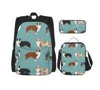 YsoLda Set zaino, borsa per la scuola, zaino, set da 3 pezzi, con borsa per il pranzo, astuccio,Pastori australiani