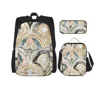 YsoLda Set zaino, borsa per la scuola, zaino, set da 3 pezzi, con borsa per il pranzo, astuccio,Piastrelle in marmo Art Déco con motivo pastello morbido