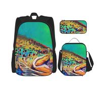 YsoLda Set zaino, borsa per la scuola, zaino, set da 3 pezzi, con borsa per il pranzo, astuccio,Piastrella Pesca a Mosca Trota Marrone Art