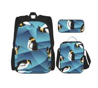 YsoLda Set zaino, borsa per la scuola, zaino, set da 3 pezzi, con borsa per il pranzo, astuccio,Pinguino astratto del poligono