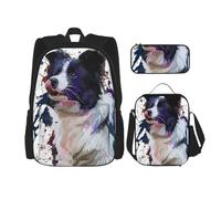 YsoLda Set zaino, borsa per la scuola, zaino, set da 3 pezzi, con borsa per il pranzo, astuccio,Pittura del cane d'arte Border Collie