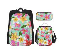 YsoLda Set zaino, borsa per la scuola, zaino, set da 3 pezzi, con borsa per il pranzo, astuccio,Plumeria floreale dei fiori tropicali dell'acquerello