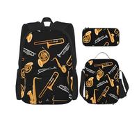 YsoLda Set zaino, borsa per la scuola, zaino, set da 3 pezzi, con borsa per il pranzo, astuccio,Sassofono Trombone Musica Nero
