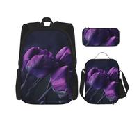YsoLda Set zaino, borsa per la scuola, zaino, set da 3 pezzi, con borsa per il pranzo, astuccio,Sfondo Di Fiori Viola