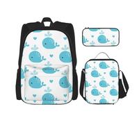 YsoLda Set zaino, borsa per la scuola, zaino, set da 3 pezzi, con borsa per il pranzo, astuccio,Simpatiche balene blu