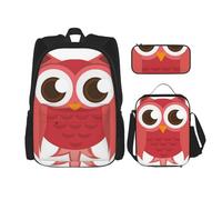 YsoLda Set zaino, borsa per la scuola, zaino, set da 3 pezzi, con borsa per il pranzo, astuccio,Simpatico gufo rosso