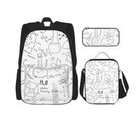YsoLda Set zaino, borsa per la scuola, zaino, set da 3 pezzi, con borsa per il pranzo, astuccio,Stampa chimica bianco nero