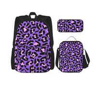 YsoLda Set zaino, borsa per la scuola, zaino, set da 3 pezzi, con borsa per il pranzo, astuccio,Stampa leopardata viola