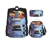 YsoLda Set zaino, borsa per la scuola, zaino, set da 3 pezzi, con borsa per il pranzo, astuccio,Stampa musicale magica per chitarra elettrica