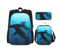 YsoLda Set zaino, borsa per la scuola, zaino, set da 3 pezzi, con borsa per il pranzo, astuccio,Stampati squali martello