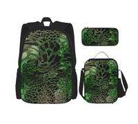 YsoLda Set zaino, borsa per la scuola, zaino, set da 3 pezzi, con borsa per il pranzo, astuccio,Stampato serpente verde