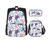 YsoLda Set zaino, borsa per la scuola, zaino, set da 3 pezzi, con borsa per il pranzo, astuccio,Stella marina retrotartaruga