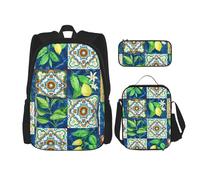 YsoLda Set zaino, borsa per la scuola, zaino, set da 3 pezzi, con borsa per il pranzo, astuccio,Stile Mediterraneo