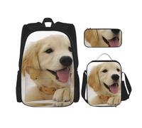 YsoLda Set zaino, borsa per la scuola, zaino, set da 3 pezzi, con borsa per il pranzo, astuccio,Un Golden Retriever