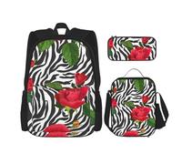 YsoLda Set zaino, borsa per la scuola, zaino, set da 3 pezzi, con borsa per il pranzo, astuccio,Zebra animale fiore rosso