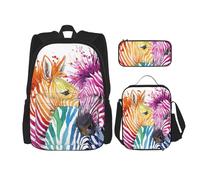 YsoLda Set zaino, borsa per la scuola, zaino, set da 3 pezzi, con borsa per il pranzo, astuccio,Zebra arcobaleno