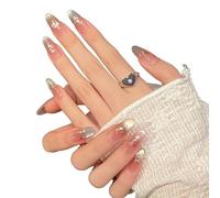 YsRoad Unghie Finte - Handmade Press On Nails Corte, a Mandorla, Lunghe, a Stiletto, 3D, Quadrate, a Bara e Con Punta Francese con Strass a Fiori Dorati, Rimovibili e Con Colla,taglia M