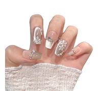 YsRoad Unghie Finte - Handmade Press On Nails Corte, a Mandorla, Lunghe, a Stiletto, 3D, Quadrate, a Bara e Con Punta Francese con Strass a Fiori Dorati, Rimovibili e Con Colla,taglia M