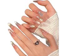YsRoad Unghie Finte - Handmade Press On Nails Corte, a Mandorla, Lunghe, a Stiletto, 3D, Quadrate, a Bara e Con Punta Francese con Strass a Fiori Dorati, Rimovibili e Con Colla,taglia M