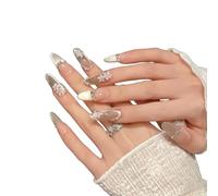 YsRoad Unghie Finte - Handmade Press On Nails Corte, a Mandorla, Lunghe, a Stiletto, 3D, Quadrate, a Bara e Con Punta Francese con Strass a Fiori Dorati, Rimovibili e Con Colla,taglia S