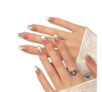 YsRoad Unghie Finte - Handmade Press On Nails Corte, a Mandorla, Lunghe, a Stiletto, 3D, Quadrate, a Bara e Con Punta Francese con Strass a Fiori Dorati, Rimovibili e Con Colla,taglia M