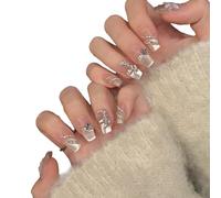 YsRoad Unghie Finte - Handmade Press On Nails Corte, a Mandorla, Lunghe, a Stiletto, 3D, Quadrate, a Bara e Con Punta Francese con Strass a Fiori Dorati, Rimovibili e Con Colla,taglia L