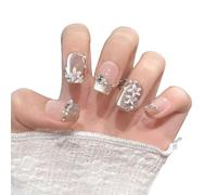 YsRoad Unghie Finte - Handmade Press On Nails Corte, a Mandorla, Lunghe, a Stiletto, 3D, Quadrate, a Bara e Con Punta Francese con Strass a Fiori Dorati, Rimovibili e Con Colla,taglia M