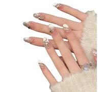 YsRoad Unghie Finte - Handmade Press On Nails Corte, a Mandorla, Lunghe, a Stiletto, 3D, Quadrate, a Bara e Con Punta Francese con Strass a Fiori Dorati, Rimovibili e Con Colla,taglia L
