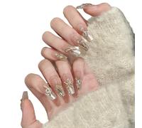 YsRoad Unghie Finte - Handmade Press On Nails Corte, a Mandorla, Lunghe, a Stiletto, 3D, Quadrate, a Bara e Con Punta Francese con Strass a Fiori Dorati, Rimovibili e Con Colla,taglia M